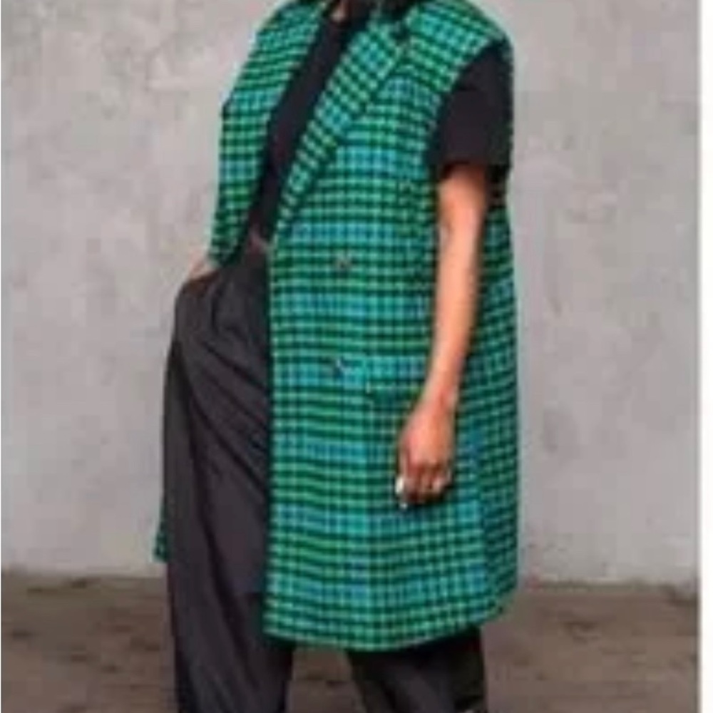 Kahlana Barfield Brown Future Collective Green and Black Plaid Sleeveless Coat